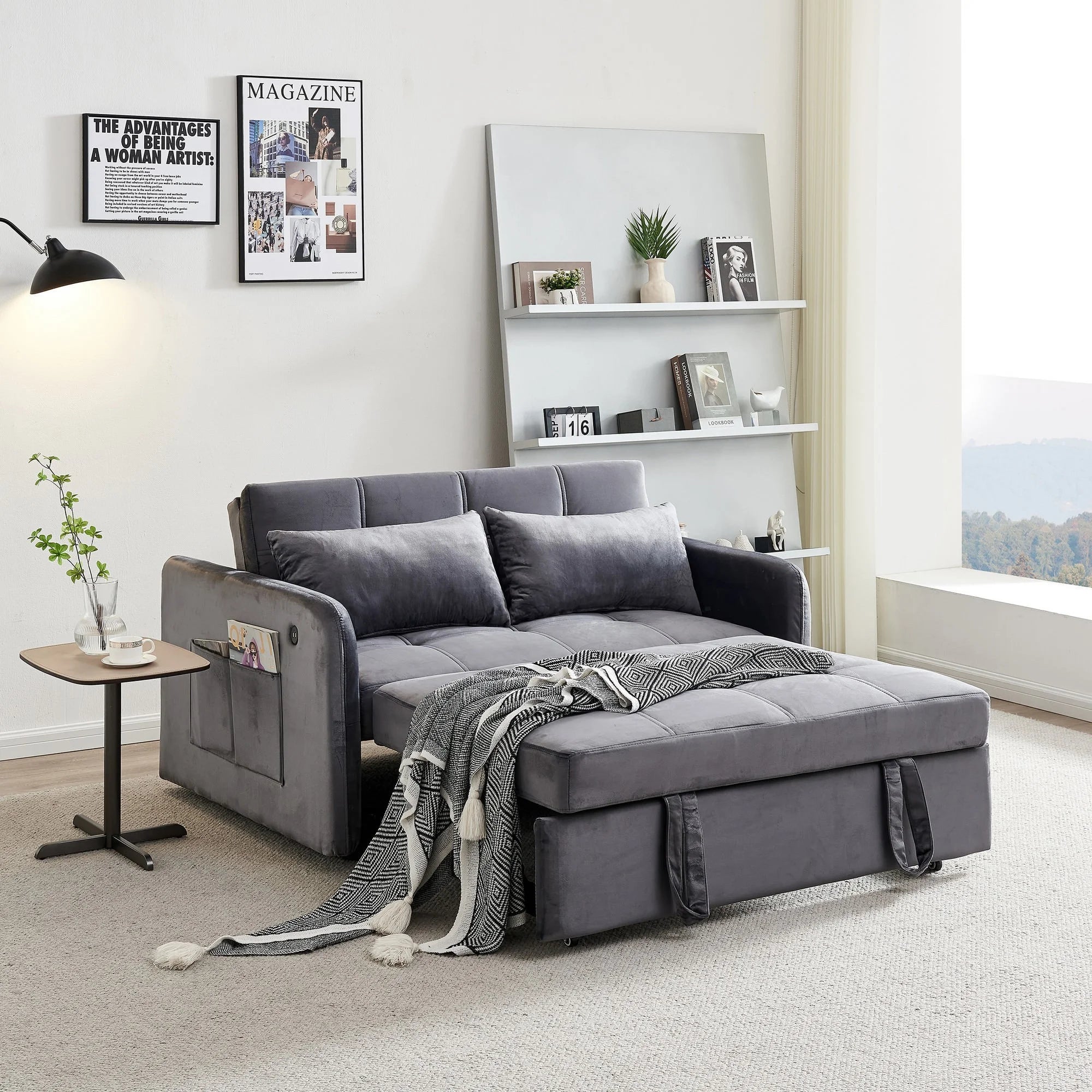 Matilda Velvet Fabric Pull Out Sofa Bed, 2 Seater / Double, Grey
