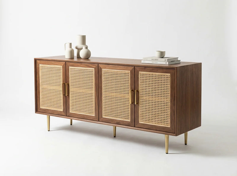 Walnut & Rattan Sideboard