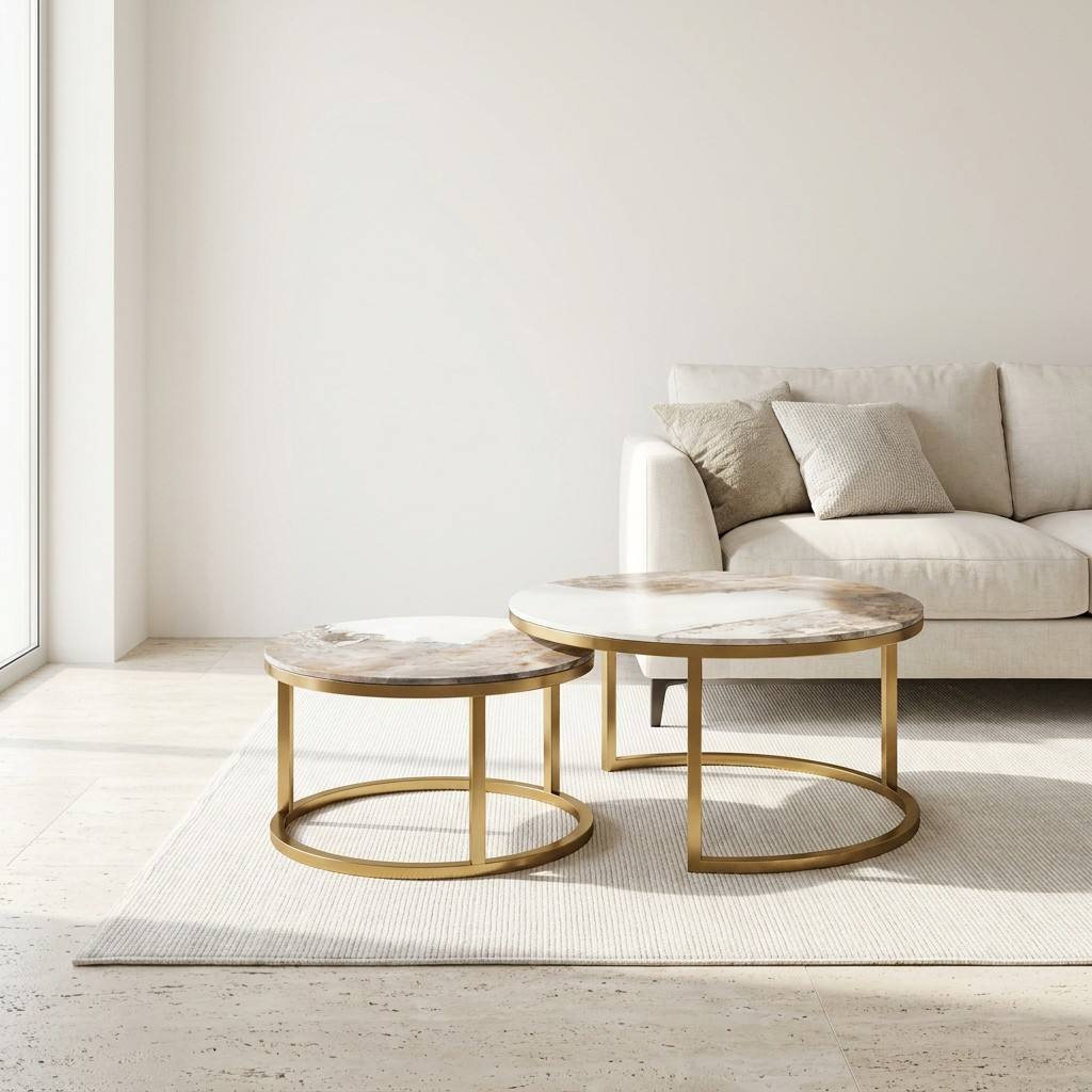 Pandora Sintered Stone Nesting Coffee Tables – Gold Legs