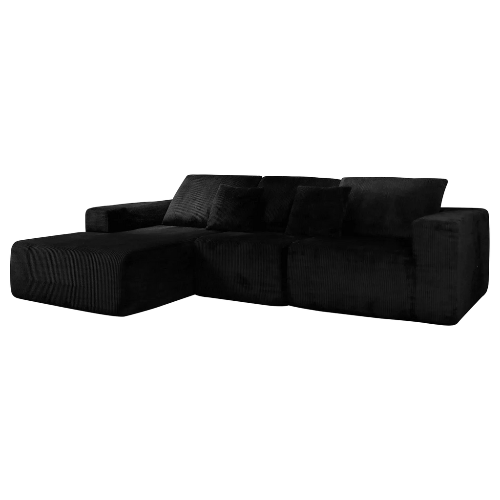 Nuevo Corduroy Fabric Compressed Modular Corner Sofa, 3 Seater with Chaise, Black