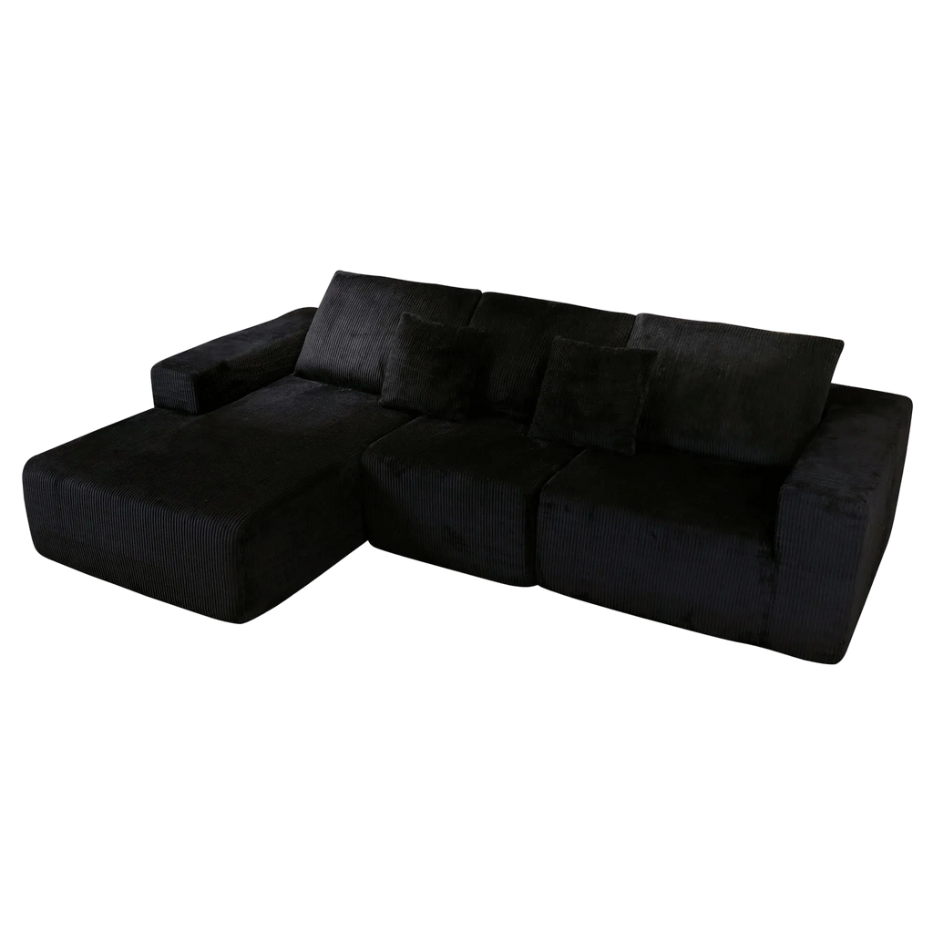 Nuevo Corduroy Fabric Compressed Modular Corner Sofa, 3 Seater with Chaise, Black