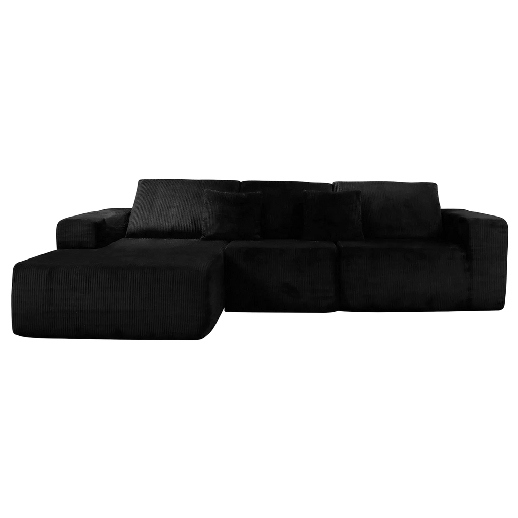Nuevo Corduroy Fabric Compressed Modular Corner Sofa, 3 Seater with Chaise, Black