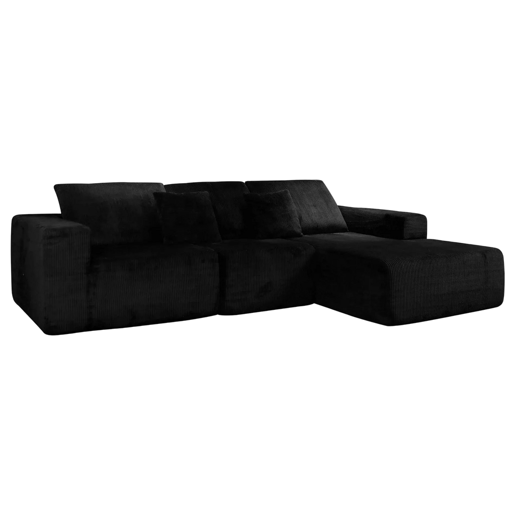 Nuevo Corduroy Fabric Compressed Modular Corner Sofa, 3 Seater with Chaise, Black