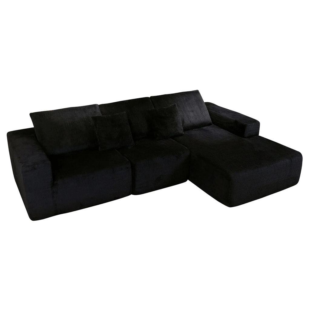 Nuevo Corduroy Fabric Compressed Modular Corner Sofa, 3 Seater with Chaise, Black