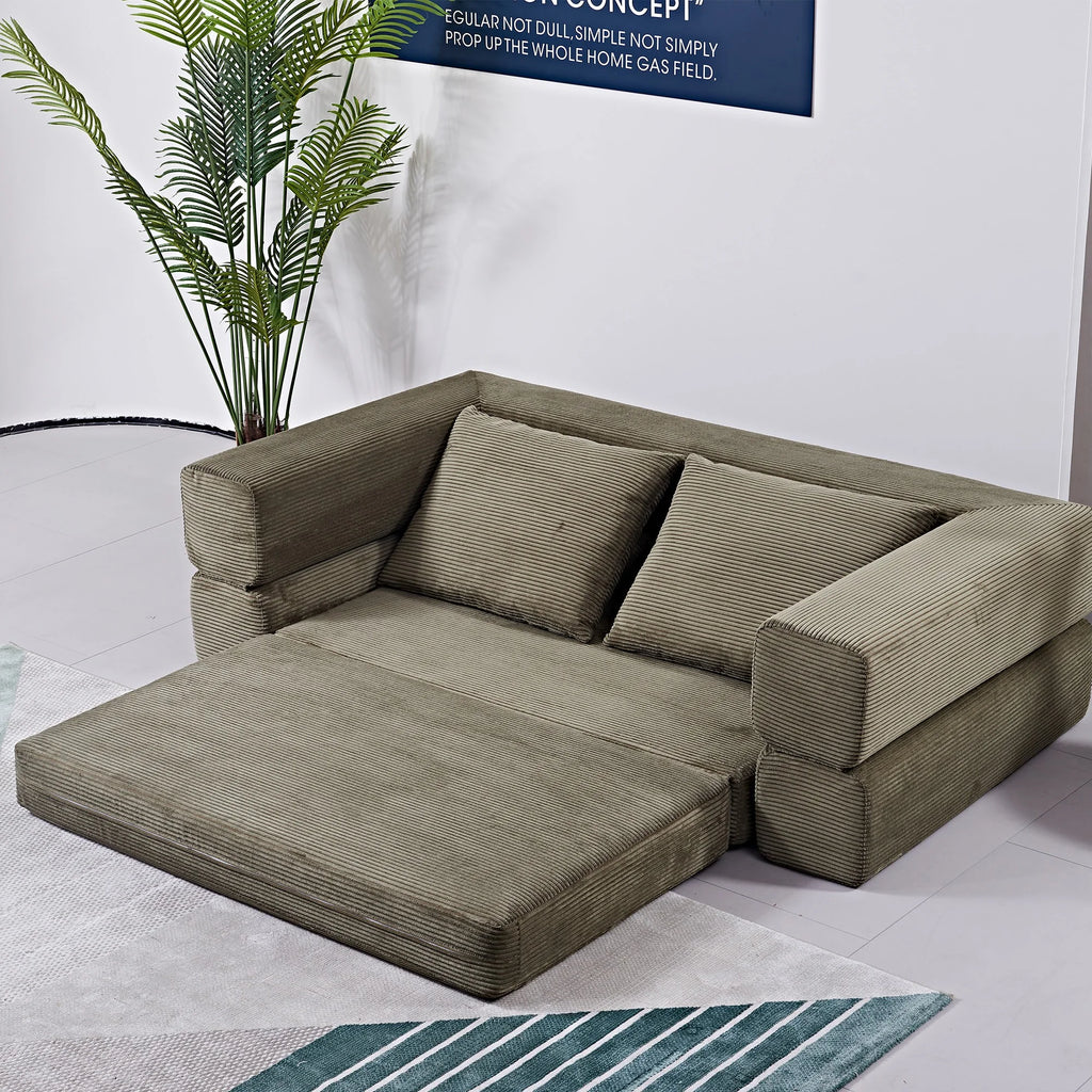 Vetrois Corduroy Fabric Fold Out Sofa Bed, 2 Seater / Queen, Khaki Green