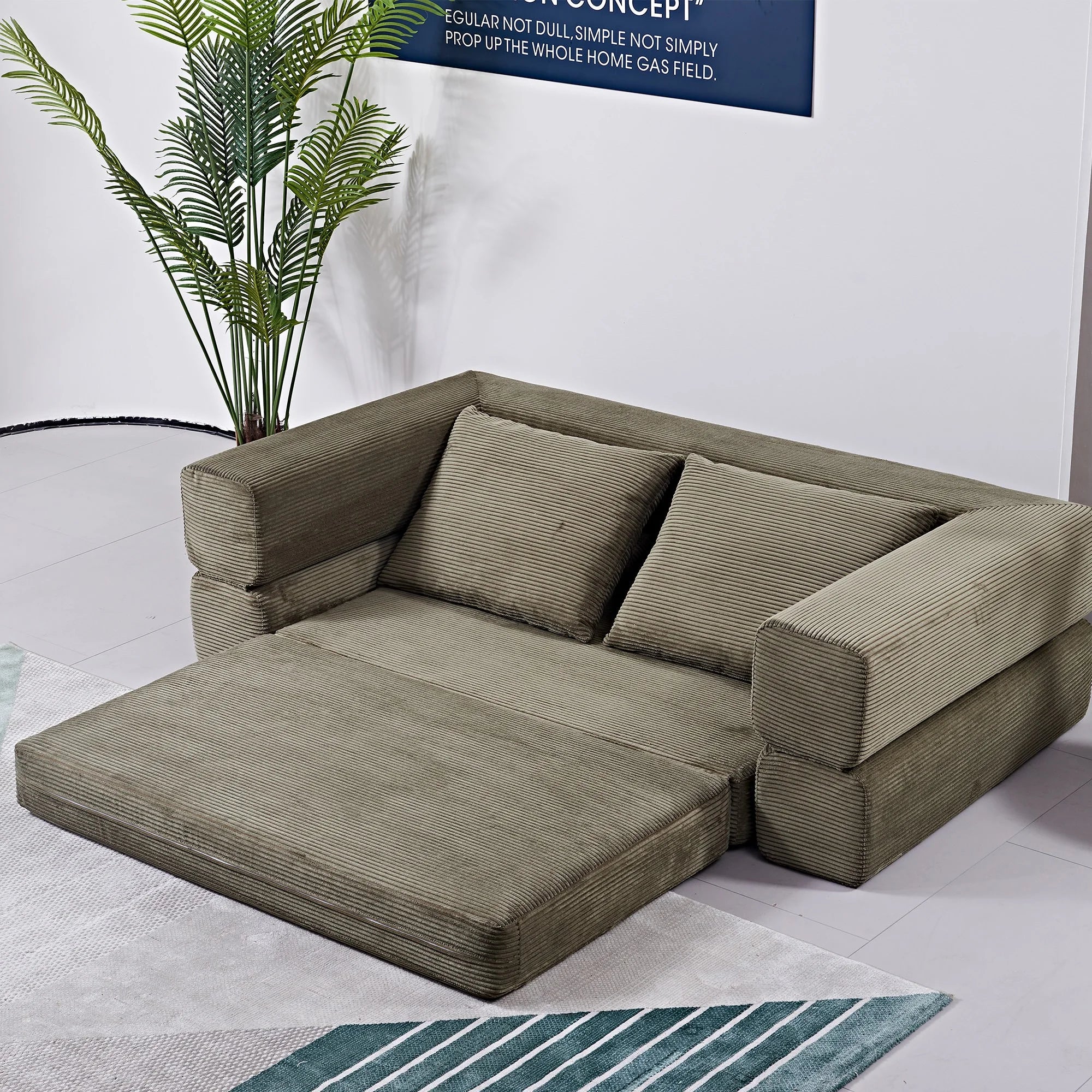 Vetrois Corduroy Fabric Fold Out Sofa Bed, 2 Seater / Queen, Khaki Green