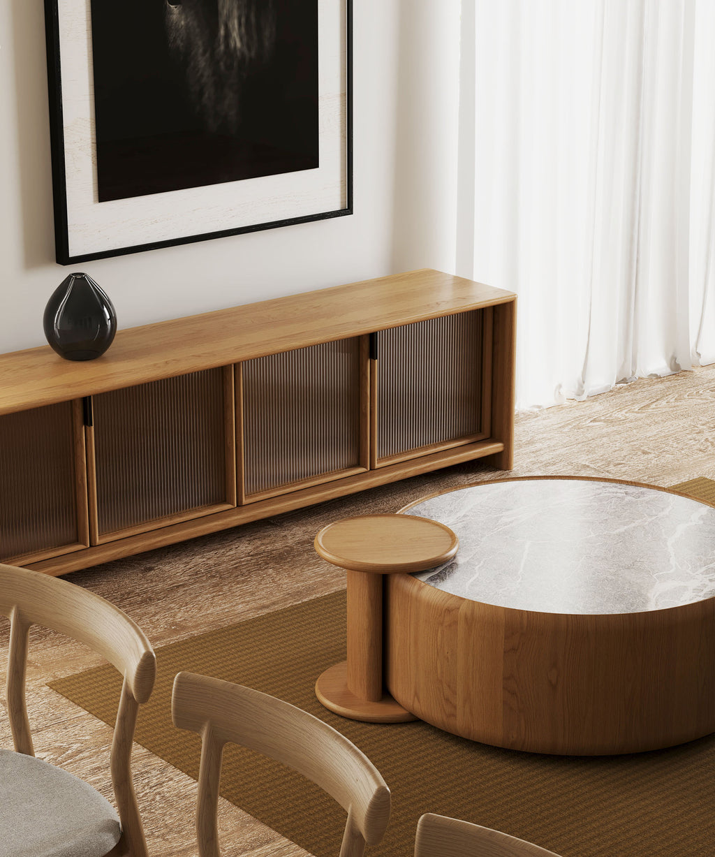 Mia 900 Round Coffee Table - Oak Natural & Marble