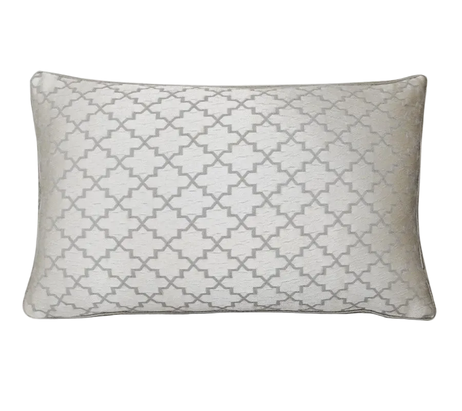 Ivory Silver Grey Chinese Diamond Geometric Jacquard Satin Cushion Feather Insert