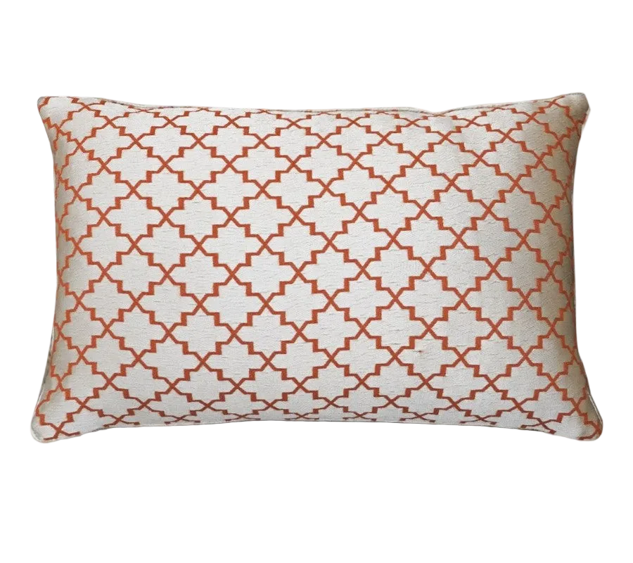 Ivory Orange Red Moroccan Quatrefoil Chenille Jacquard Cushion Feather Insert