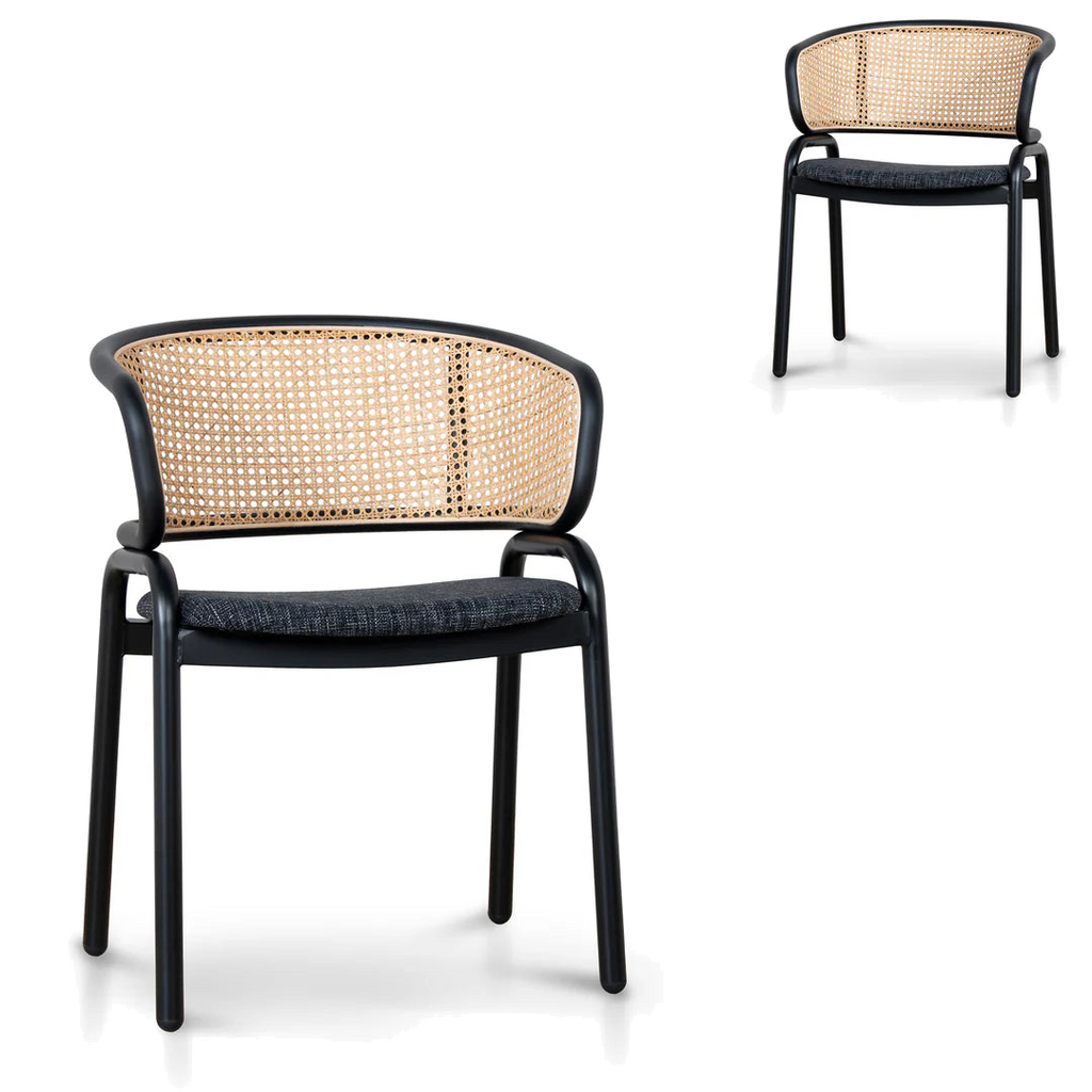 Fabric Dining Chair - Dark Grey with Rattan Back (Set of 2)