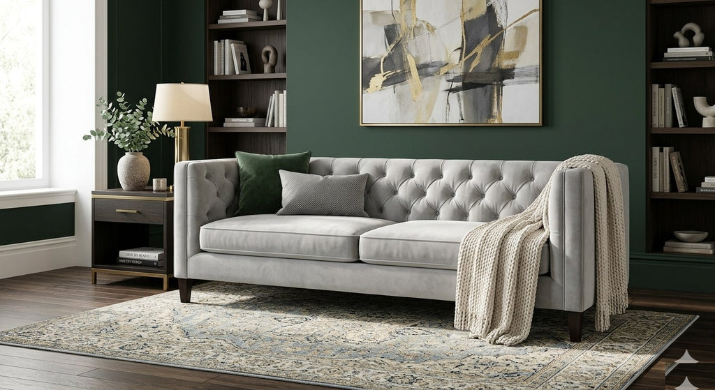 Tuxedo 3 Seater Tufted Sofa Cool Grey Linen