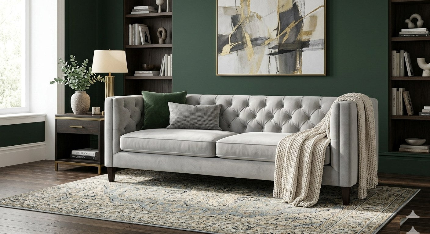 Tuxedo 3 Seater Tufted Sofa Cool Grey Linen